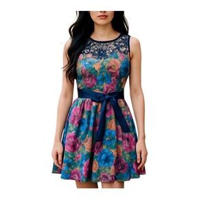 Tatyana Pink Blue Floral Sleeveless Belted Fit and Flare Dress XL